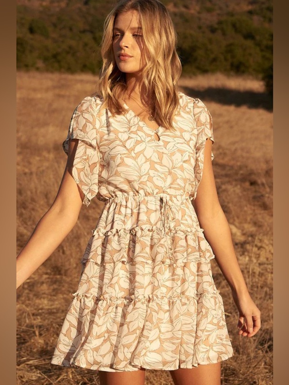 Promesa Tan & White Floral Print Fly Away Sleeve Ruffled Mini Sundress - *NEW*
